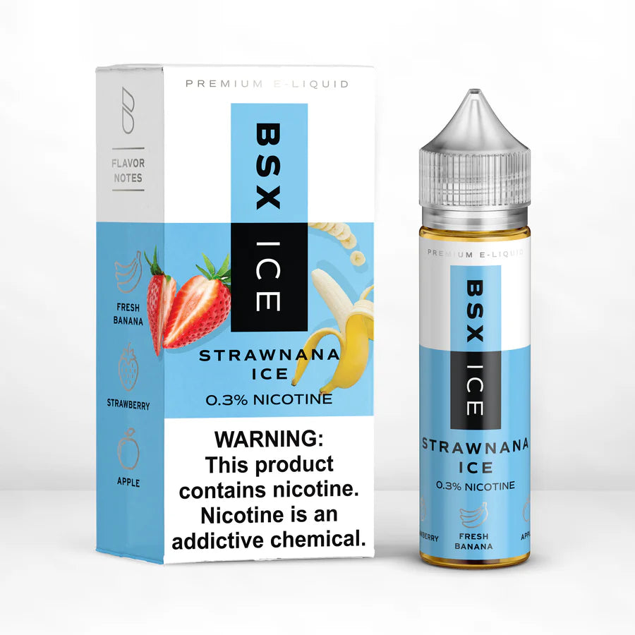 BSX ICE Strawnana Ice E-Liquid featuring strawberries, bananas, and menthol in a 60mL unicorn bottle.