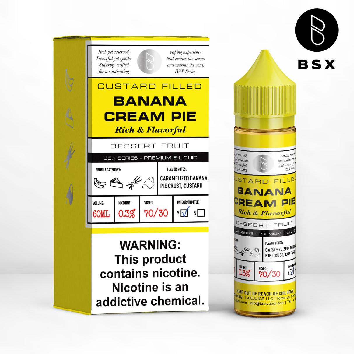 BSX Vapor BSX Series Banana Cream Pie E-Liquid featuring caramelized banana, pie crust, and vanilla custard in a 60mL bottle.