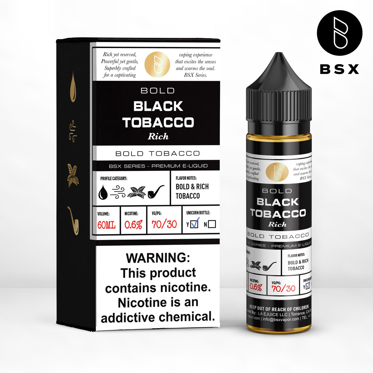 BSX Vapor BSX Series Black Tobacco E-Liquid featuring a 60mL bottle with dark, mild pipe tobacco flavor.