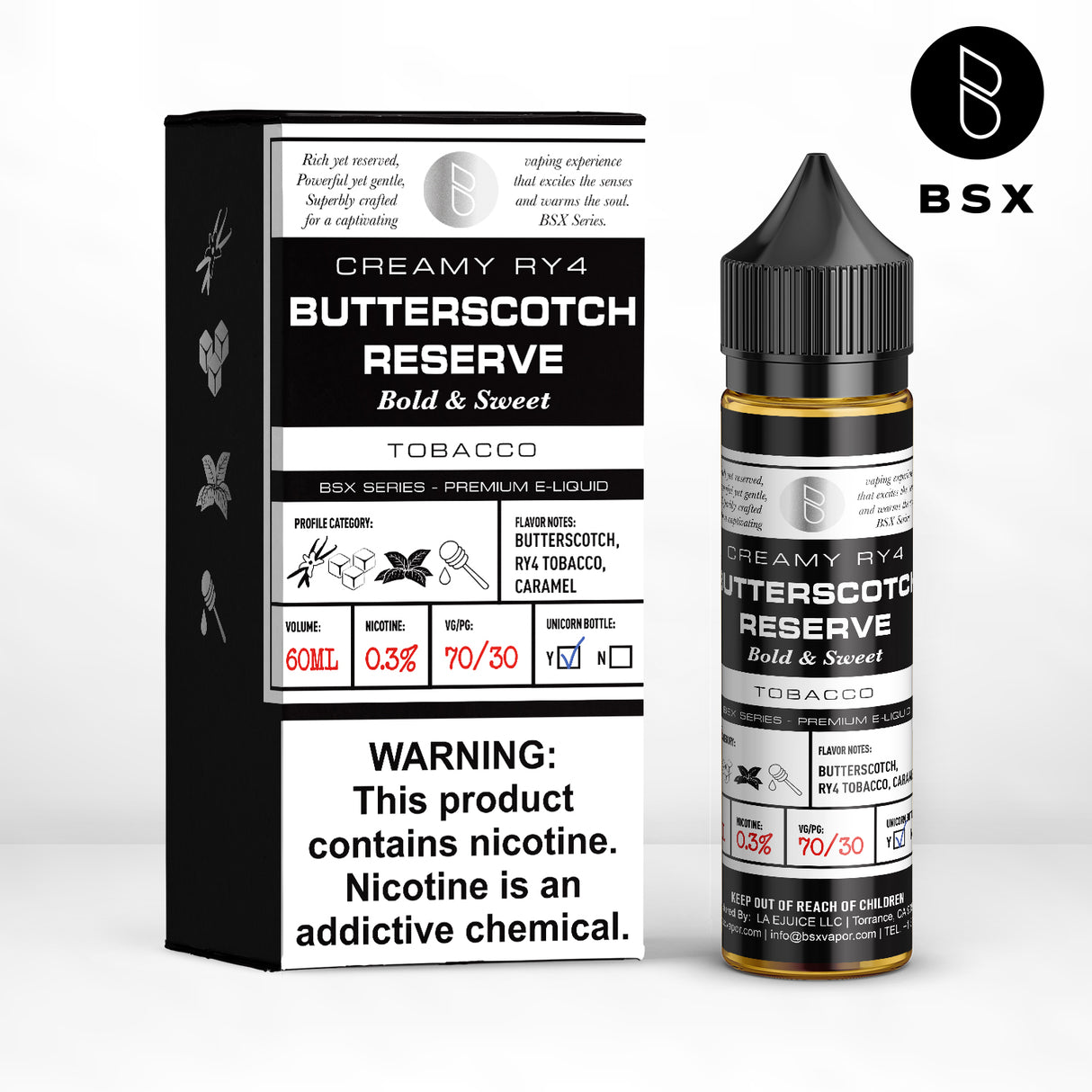 BSX Vapor BSX Series Butterscotch Reserve E-Liquid featuring butterscotch, caramel, and RY4 tobacco in a 60mL bottle.