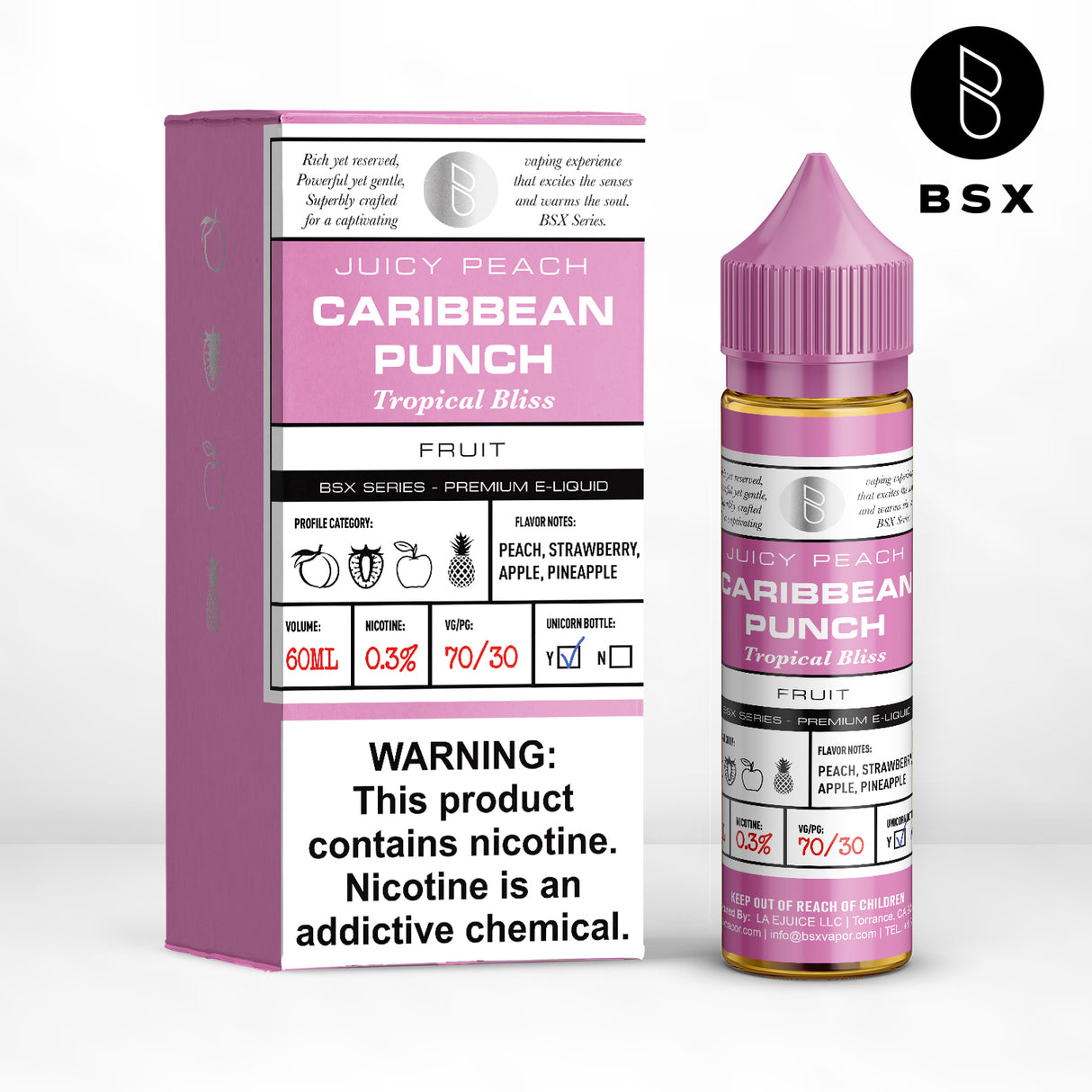 BSX Vapor BSX Series Caribbean Punch E-Liquid featuring a tropical blend of peach, pineapple, strawberry, apple, and apricot in a 60mL bottle.