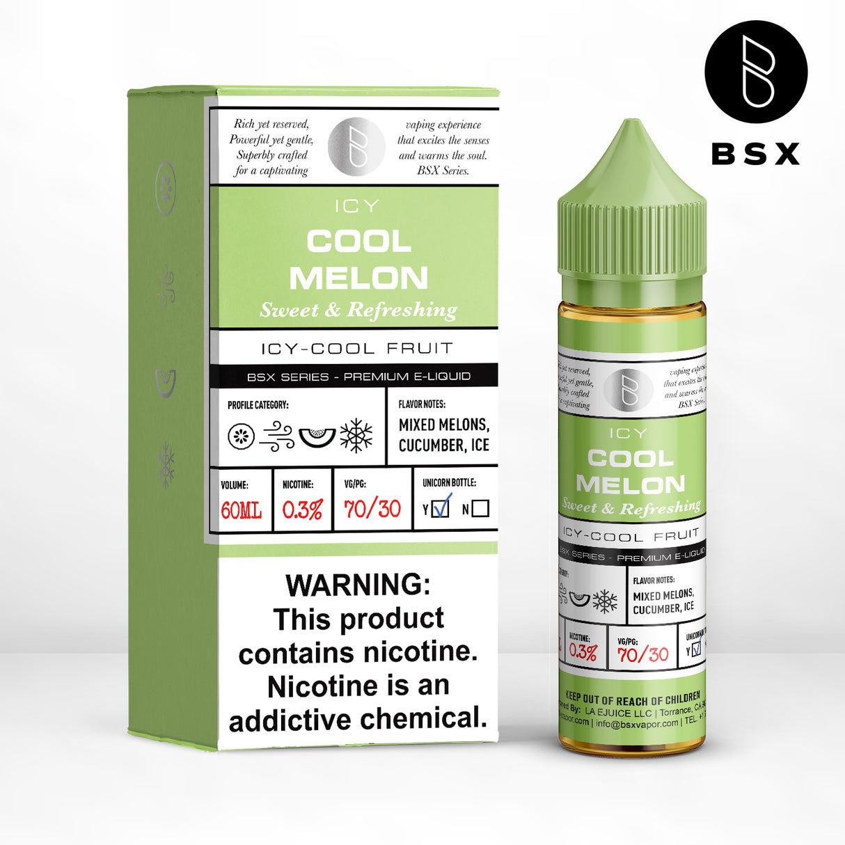 BSX Vapor BSX Series Cool Melon E-Liquid featuring melon, cantaloupe, cucumber, and menthol in a 60mL bottle.