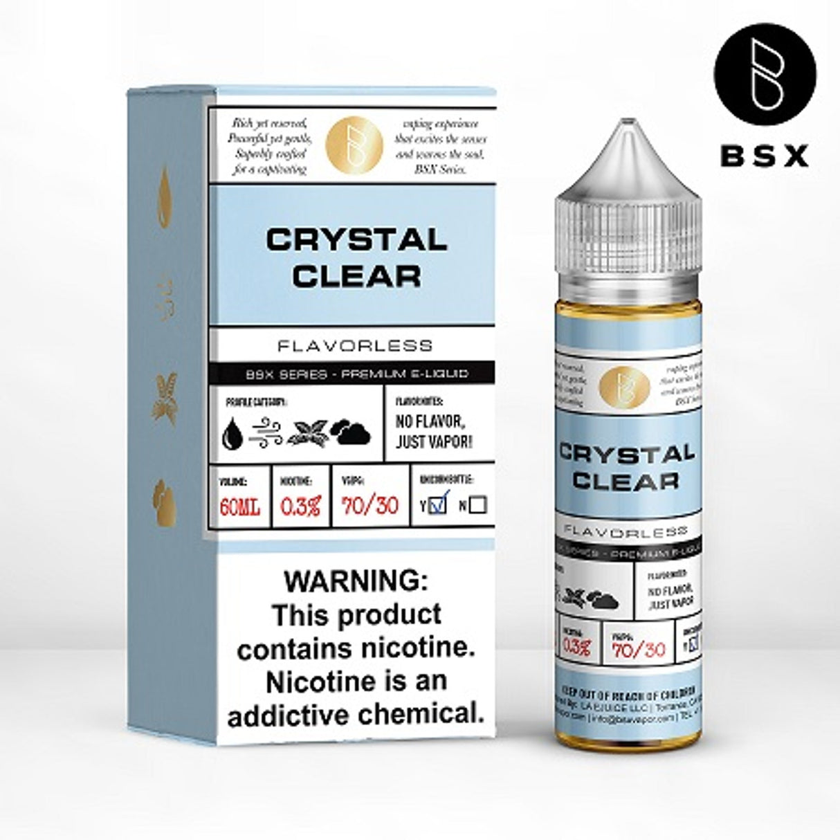 BSX Vapor BSX Series Crystal Clear E-Liquid featuring a pure and flavorless blend in a 60mL bottle.