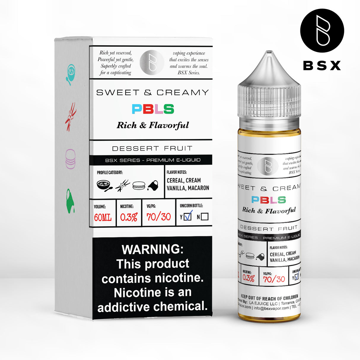 BSX Vapor BSX Series PBLS E-Liquid featuring fruity cereal, sweet cream, and French macaron dessert flavors in a 60mL bottle.