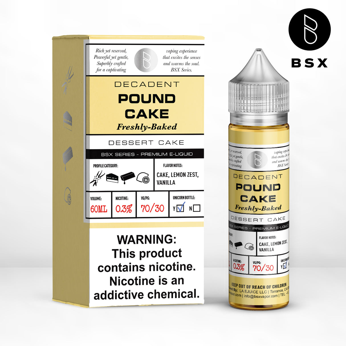 BSX Vapor BSX Series Pound Cake E-Liquid featuring pound cake, lemon zest, and Madagascar vanilla in a 60mL bottle.