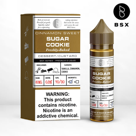 BSX Vapor BSX Series Sugar Cookie E-Liquid featuring buttery cookie dough, brown sugar caramel, cinnamon, and nutmeg in a 60mL bottle.