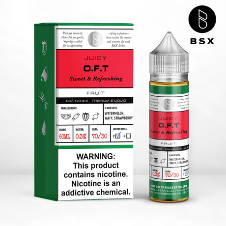 BSX Vapor BSX Series O.F.T. E-Liquid featuring watermelon, salt water taffy, and strawberry flavors in a 60mL bottle.