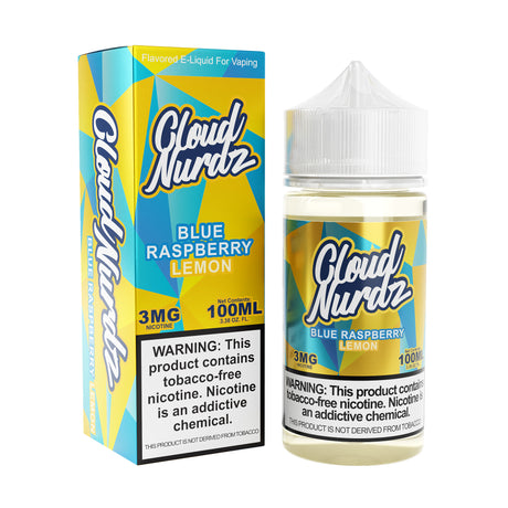 Cloud Nurdz Blue Raspberry Lemon 100ML E-Liquid bottle with vibrant fruit flavors – blue raspberry and lemon