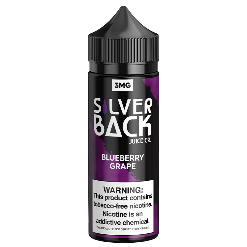 BooBoo by Silverback Juice Co. 120 mL bottle of grape and blueberry e-liquid.