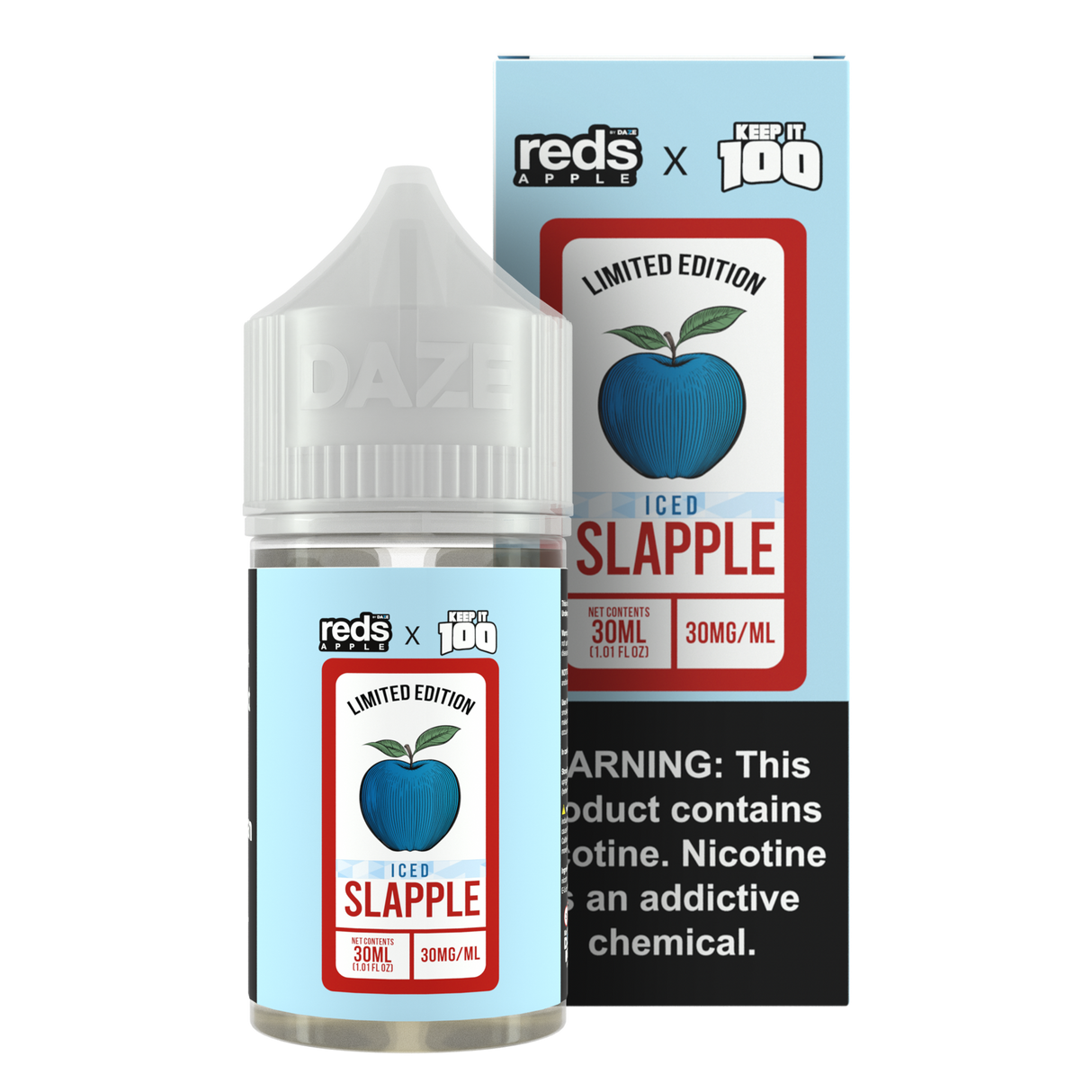 7 Daze Reds Apple x KEEP IT 100 ICED Slapple 30ML nicotine salt e-liquid with apple, blue raspberry slushie, and menthol flavor.