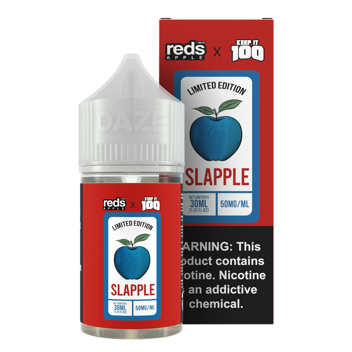 7 Daze Reds Apple x KEEP IT 100 Slapple 30ML nicotine salt e-liquid with apple, blue raspberry, and mixed berry flavor.