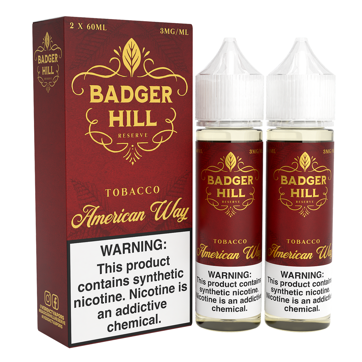BADGER HILL RESERVE American Way 120ML twin pack e-liquid with rich tobacco flavor profile.