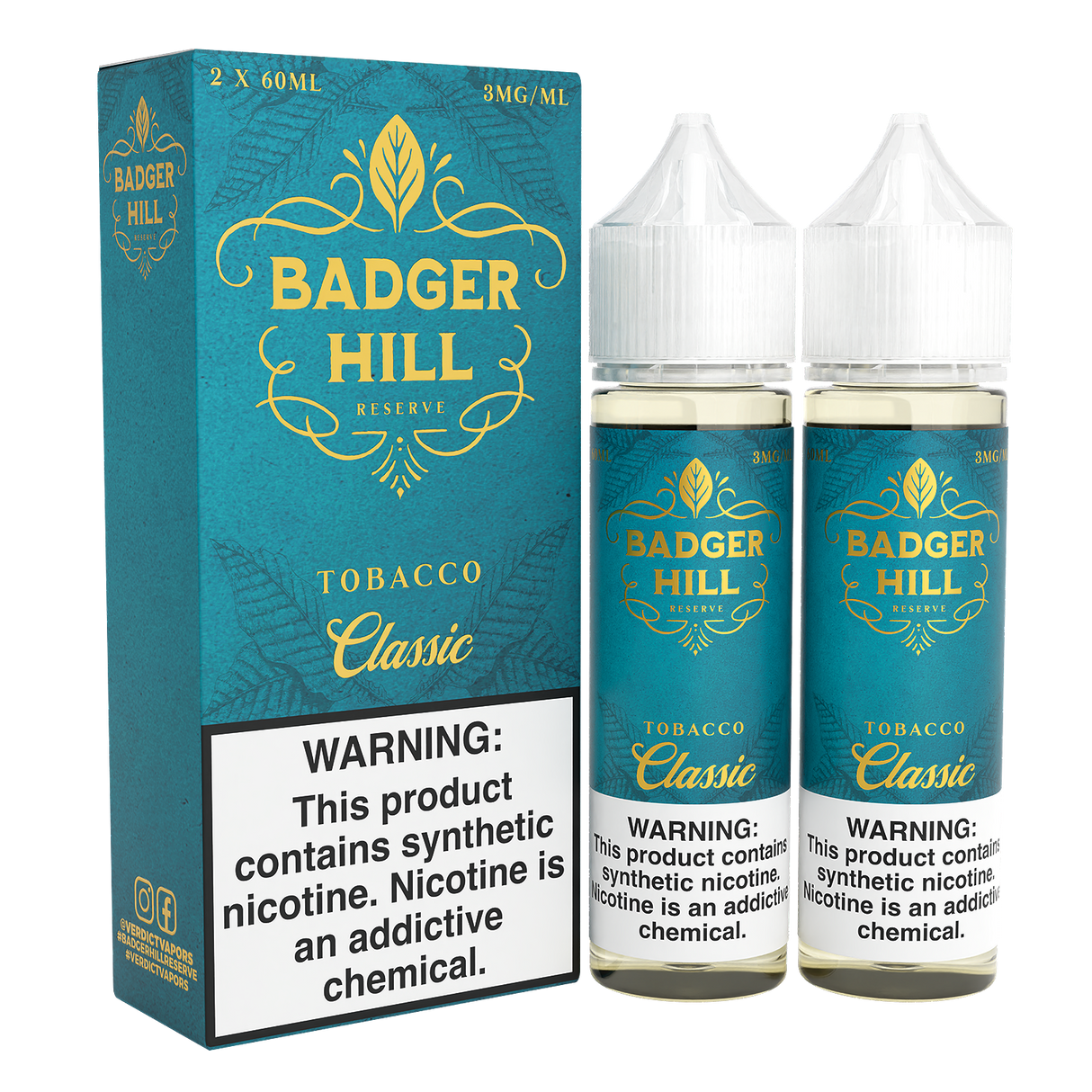 BADGER HILL RESERVE Classic 120ML twin pack e-liquid with bold tobacco flavor profile.