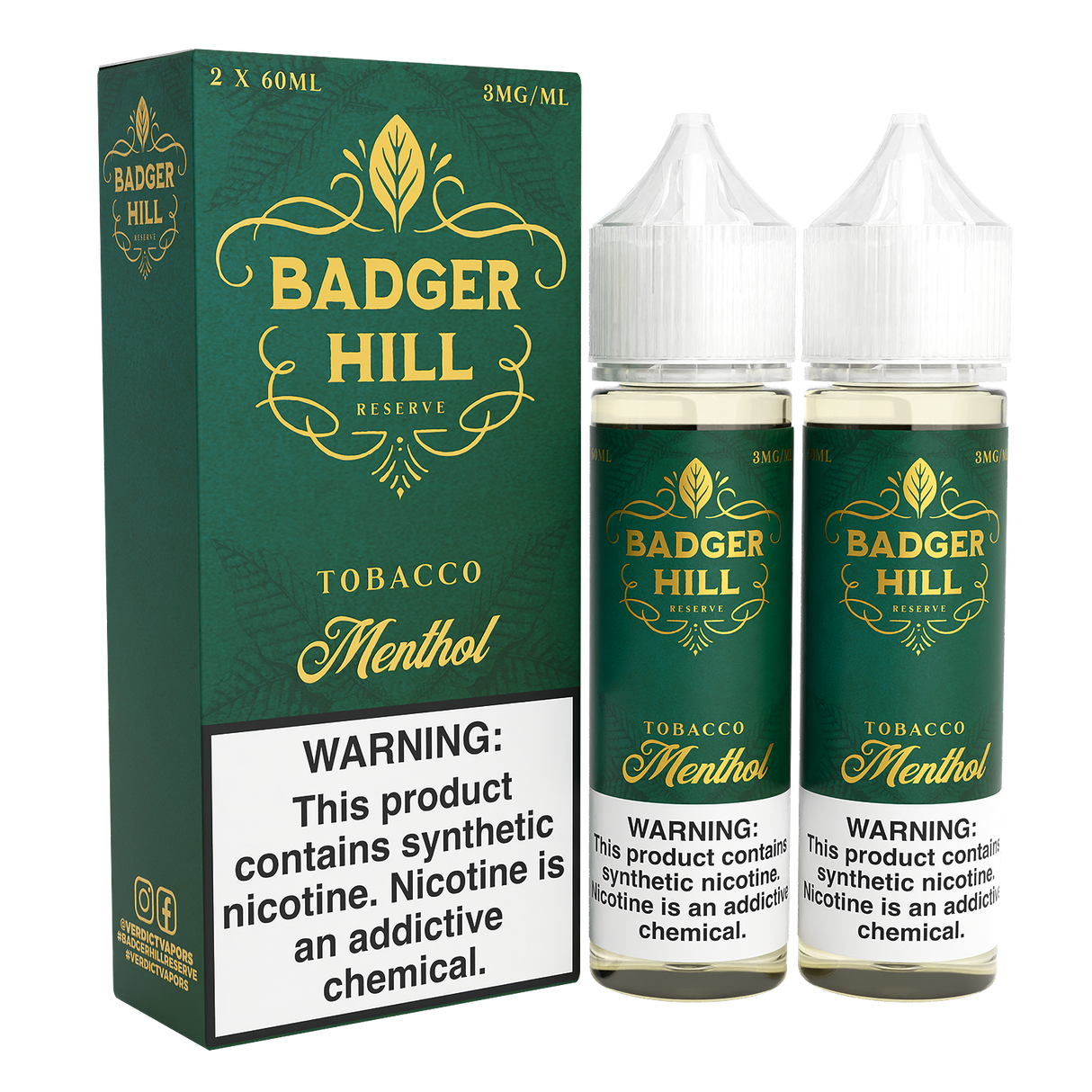 BADGER HILL RESERVE Menthol 120ML twin pack e-liquid with smooth tobacco and cool menthol flavor.