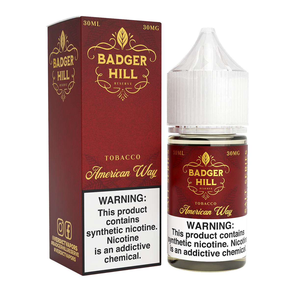BADGER HILL RESERVE SALT American Way 30ML nicotine salt e-liquid with rich tobacco and brown sugar flavor profile.