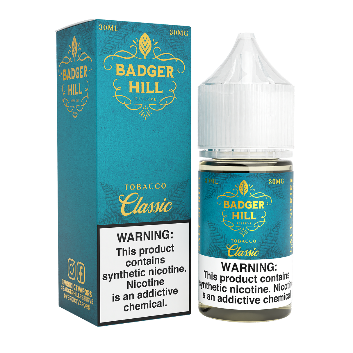 BADGER HILL RESERVE SALT Classic 30ML nicotine salt e-liquid with authentic tobacco flavor profile.