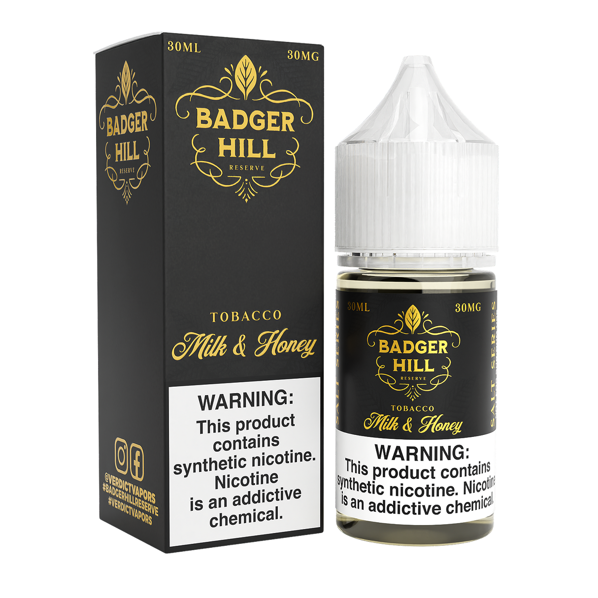 BADGER HILL RESERVE SALT Milk & Honey 30ML nicotine salt e-liquid with creamy milk, honey, and tobacco flavor.