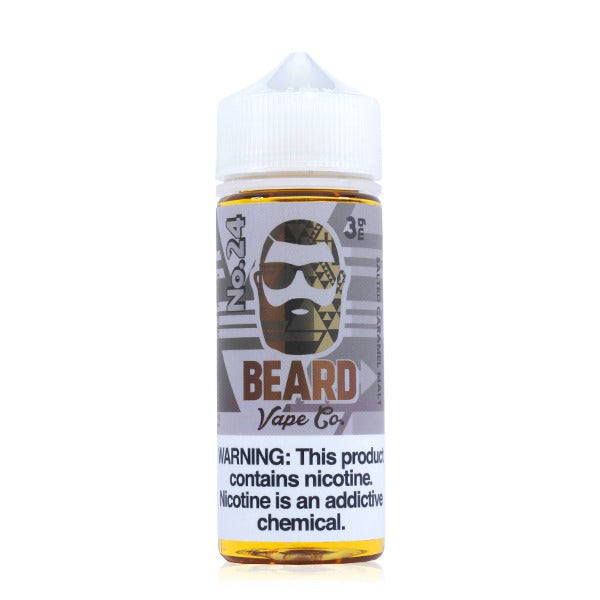 Beard Vape Co No. 24 120ML e-liquid with sweet malt and salted caramel flavor profile.