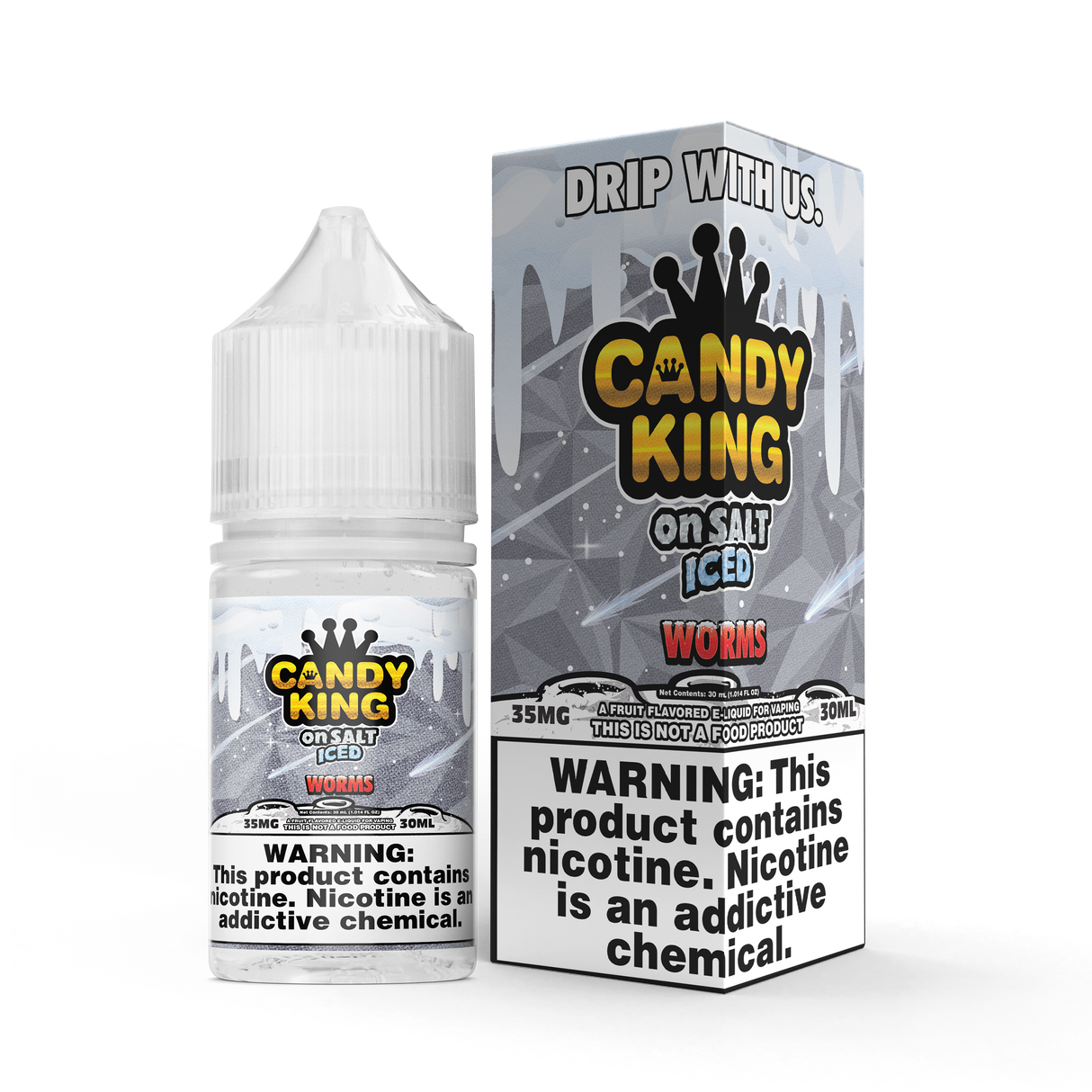 CANDY KING on SALT ICED Worms 30ML nicotine salt e-liquid with fruity sour gummy candy and menthol flavor.