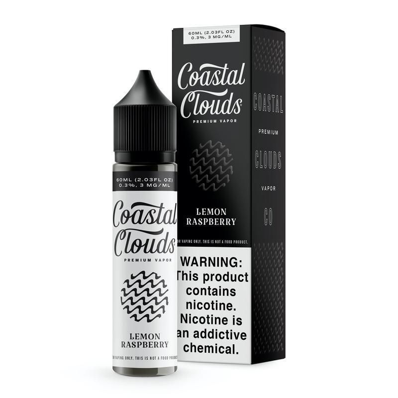 Coastal Clouds Lemon Raspberry 60ML e-liquid featuring sweet raspberry and tangy lemon flavor profile.