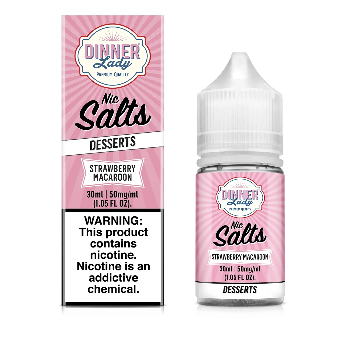 DINNER LADY Nic Salt Strawberry Macaroon 30ML e-liquid with strawberry, almond, and coconut macaroon flavor profile.