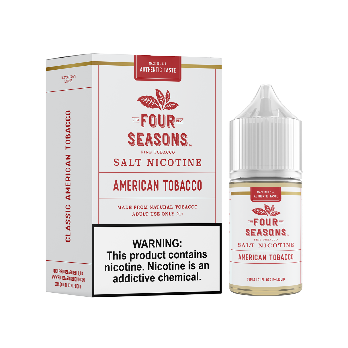 FOUR SEASONS SALTS American Tobacco 30ML nicotine salt e-liquid with classic full-bodied tobacco flavor.