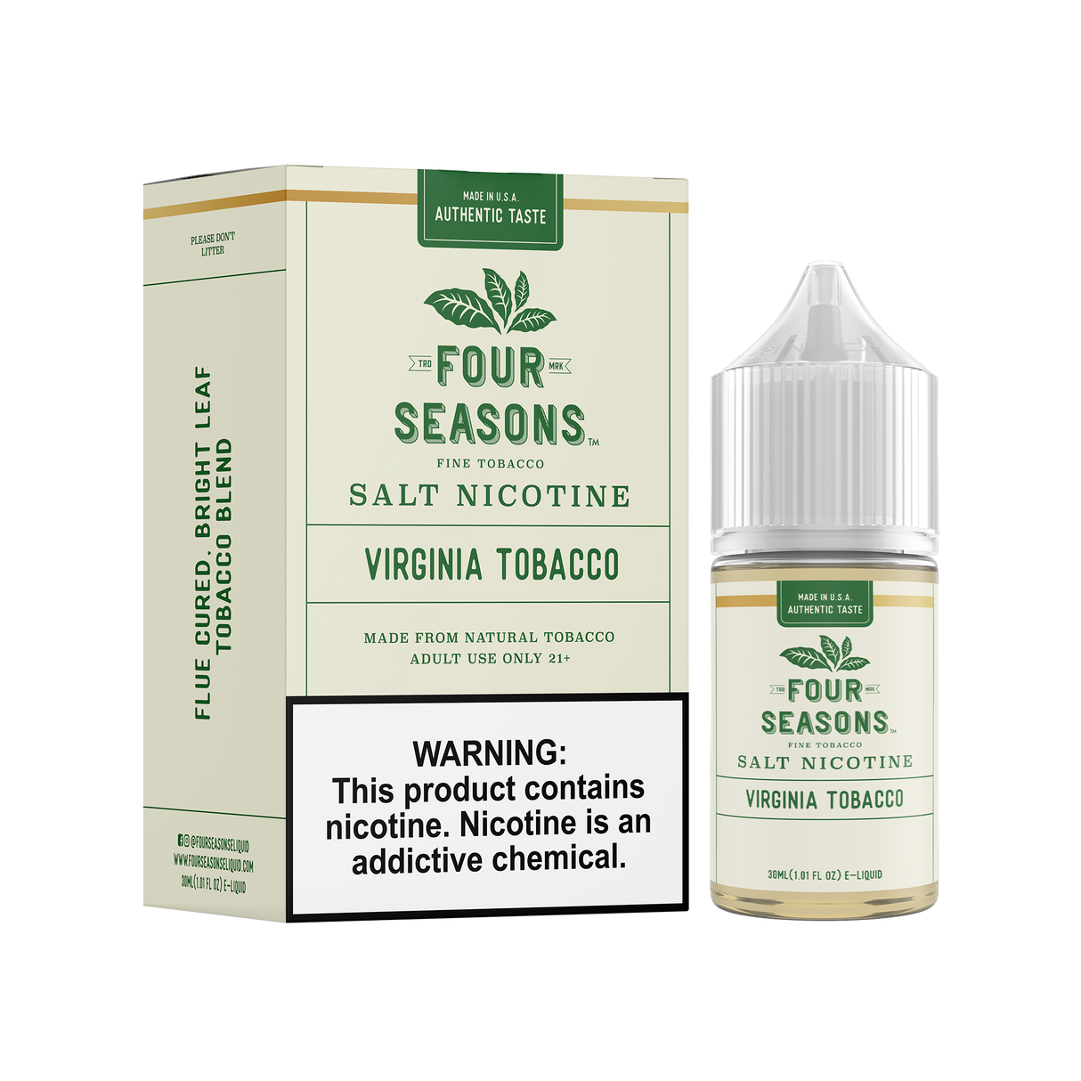 FOUR SEASONS SALTS Virginia Tobacco 30ML nicotine salt e-liquid with rich flue-cured bright leaf tobacco flavor.