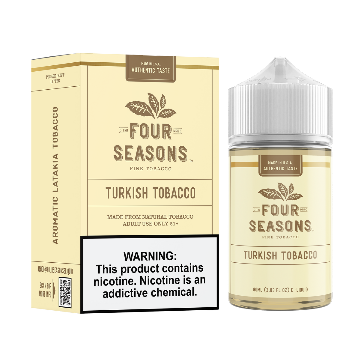 FOUR SEASONS Turkish Tobacco 60ML e-liquid with aromatic Latakia tobacco and subtle spicy flavor profile.