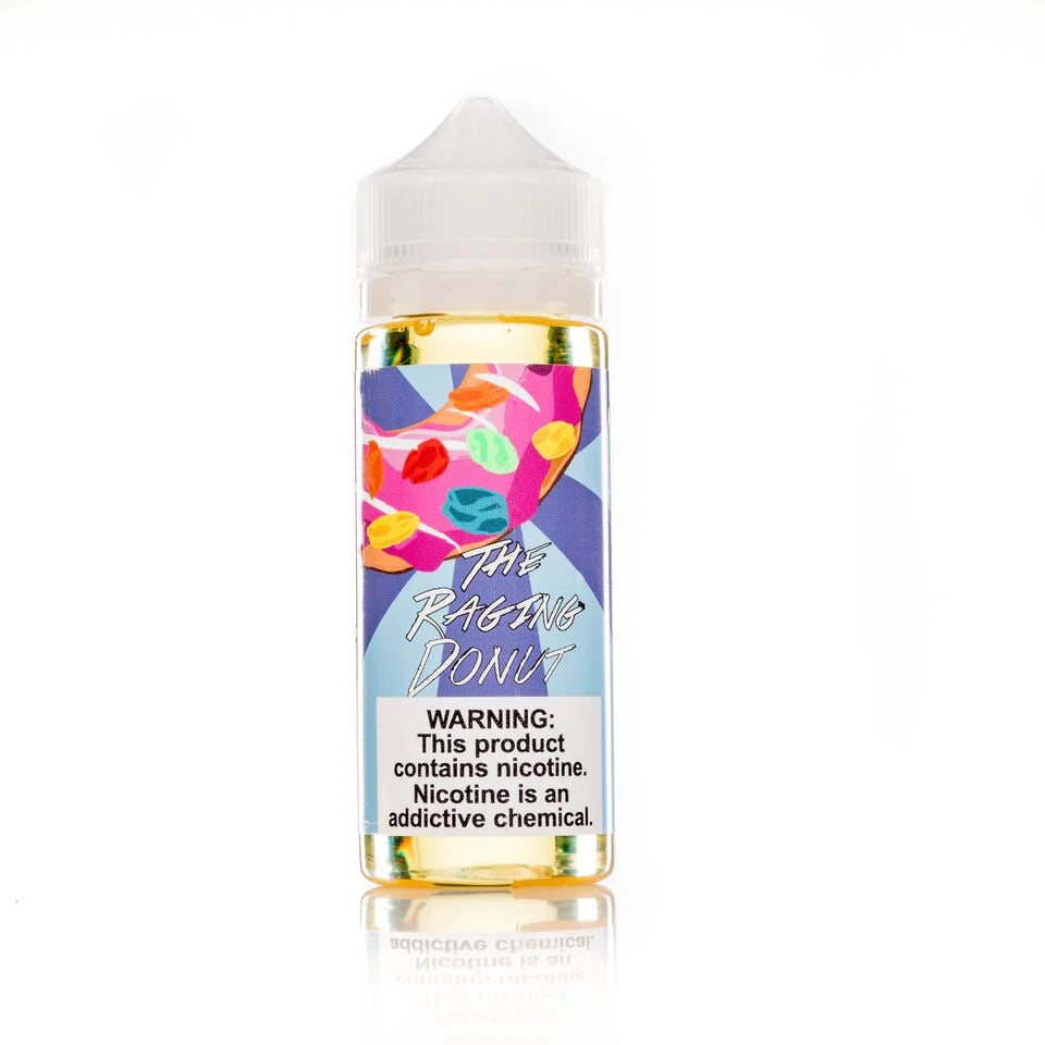 Food Fighter The Raging Donut 120ML e-liquid with glazed donut, strawberry frosting, and fruity cereal flavor profile.