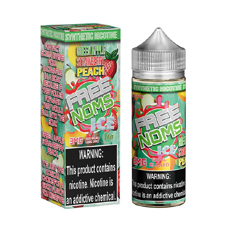 120ML Free Noms Green Apple Strawberry Peach Ice bottle with green apple, strawberry, peach, and menthol flavor