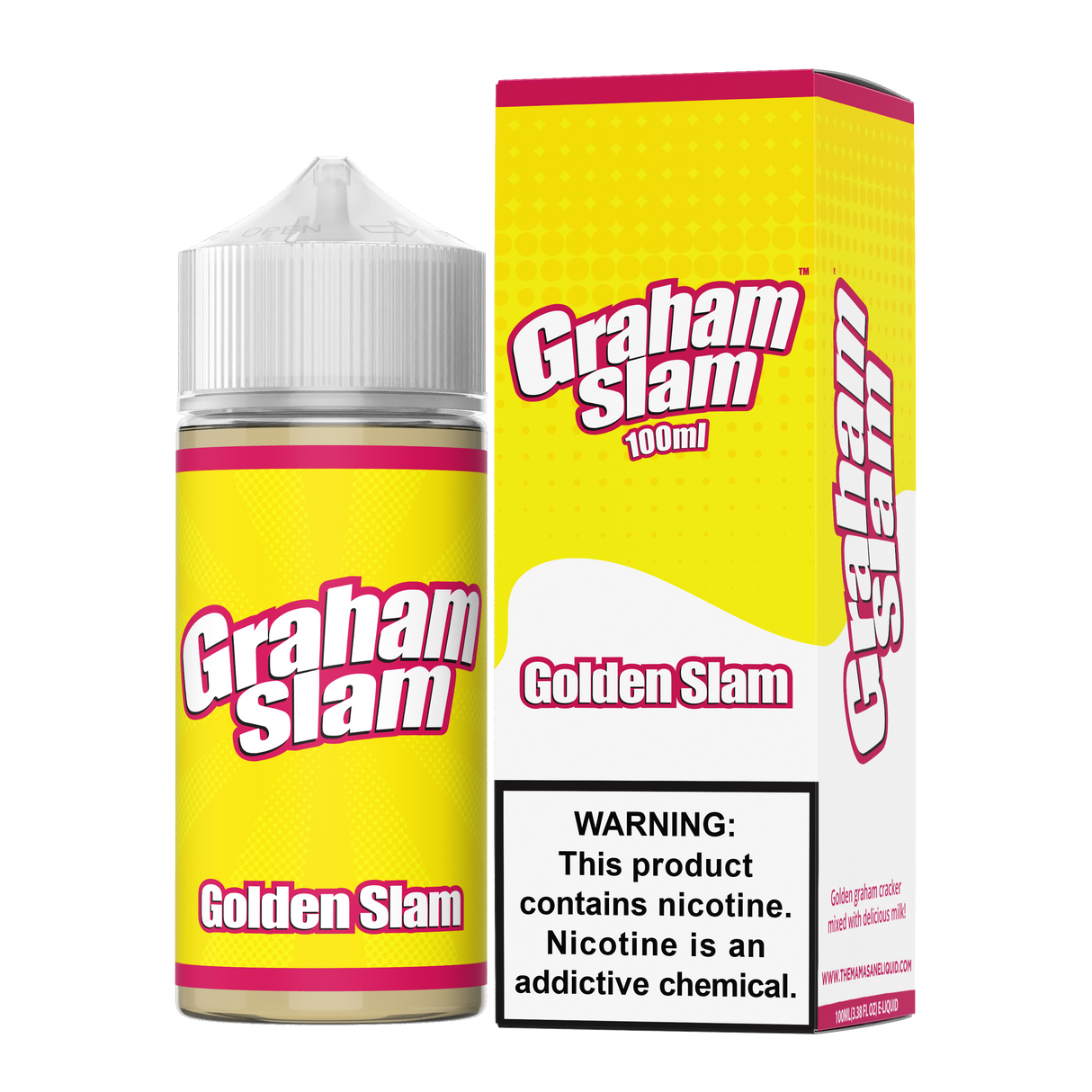 Graham Slam Golden Slam 100ML e-liquid featuring golden graham cracker cereal and creamy milk flavor.