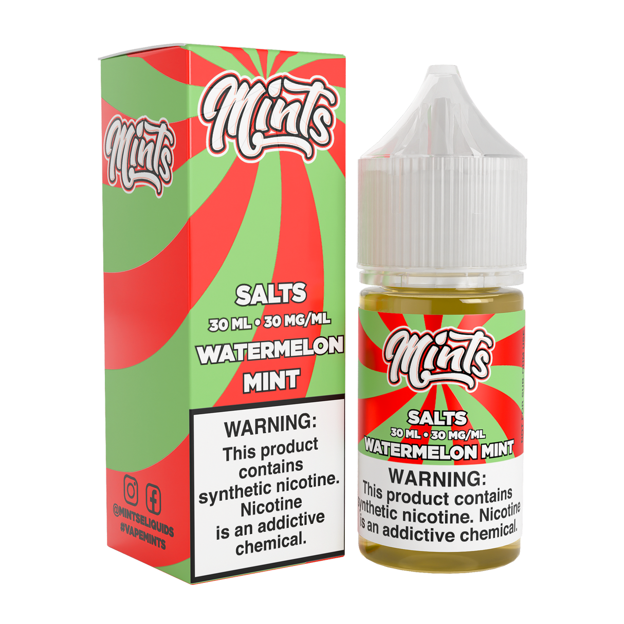 Mints Vape Co SALT Watermelon Mint 30ML nicotine salt e-liquid with sweet watermelon and mint flavor.