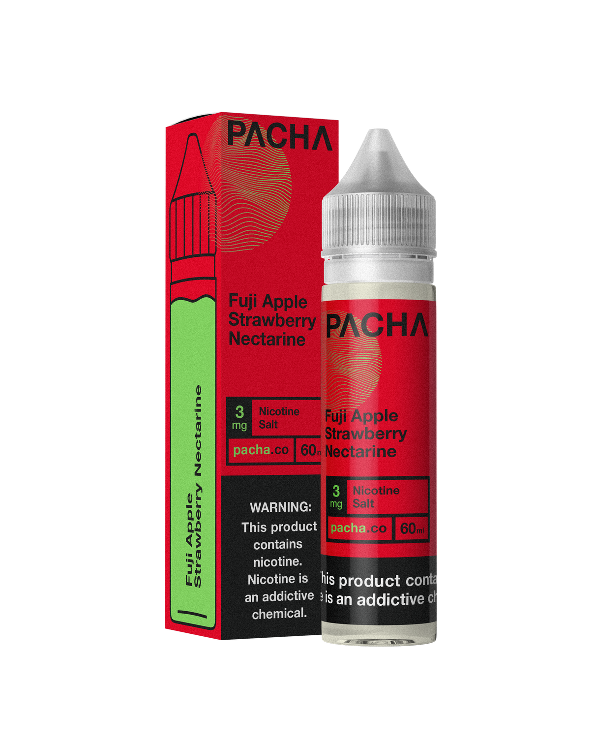 PACHAMAMA Fuji Apple Strawberry Nectarine 60ML e-liquid with apple, strawberry, and nectarine fruit blend.
