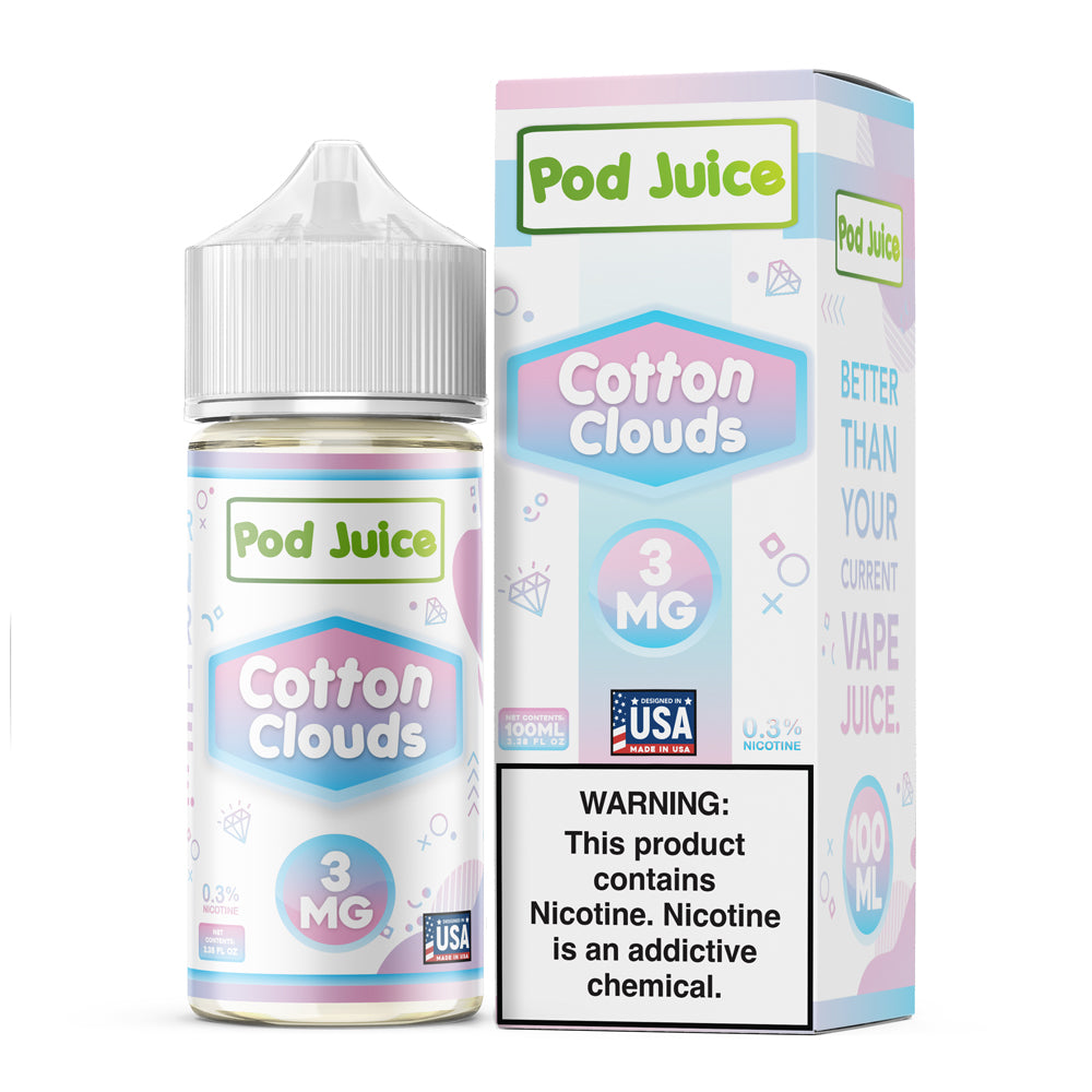 Pod Juice Cotton Clouds 100ML e-liquid bottle with sweet cotton candy flavor profile.