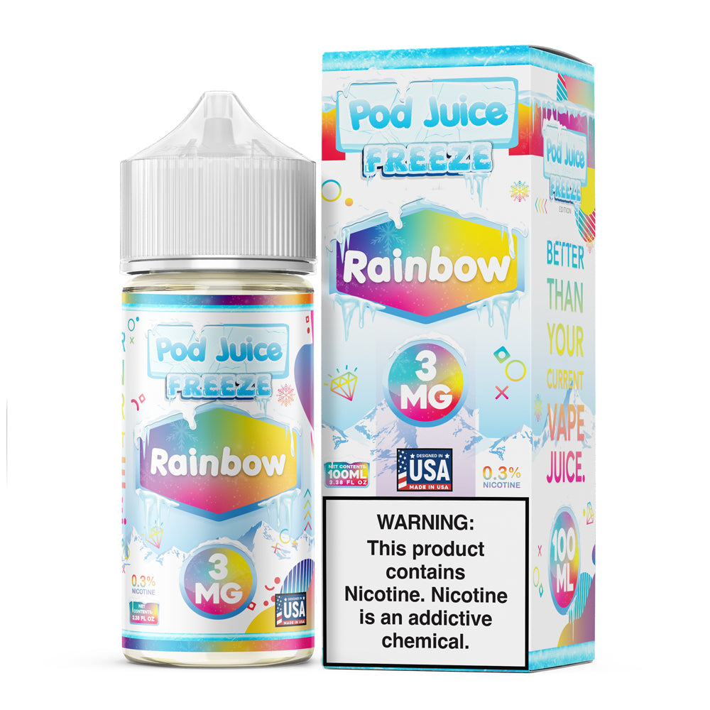 Pod Juice FREEZE Rainbow 100ML e-liquid with mixed fruit flavors and icy menthol finish.