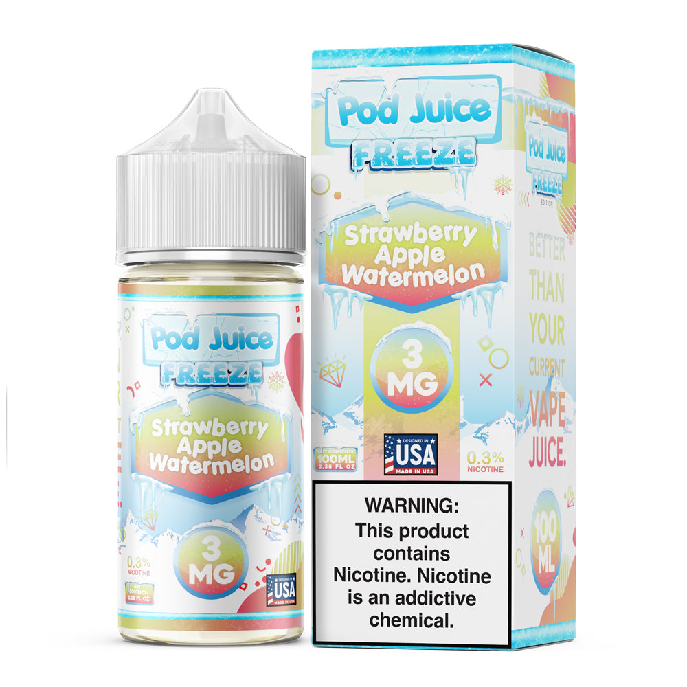 Pod Juice FREEZE Strawberry Apple Watermelon 100ML e-liquid with strawberry, apple, watermelon, and icy menthol flavor.