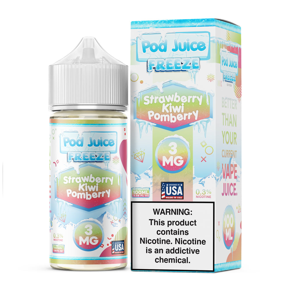 Pod Juice FREEZE Strawberry Kiwi Pomberry 100ML e-liquid with strawberry, kiwi, pomegranate, and menthol flavor profile.