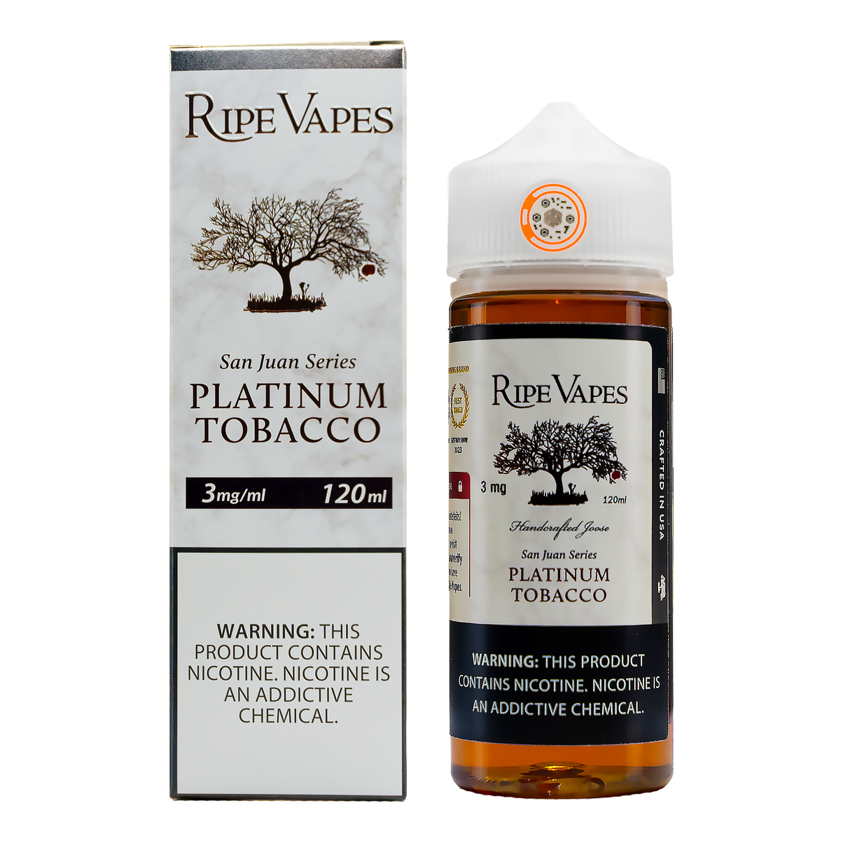 Ripe Vapes Platinum Tobacco San Juan Series 120ML e-liquid with tobacco, vanilla, and custard flavor profile.