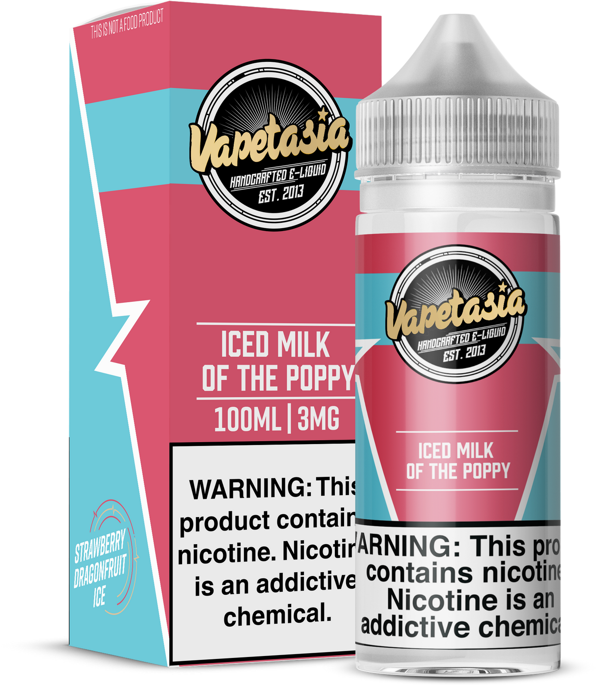 VAPETASIA ICED Milk of the Poppy 100ML e-liquid with strawberry, dragon fruit, and icy menthol flavor.