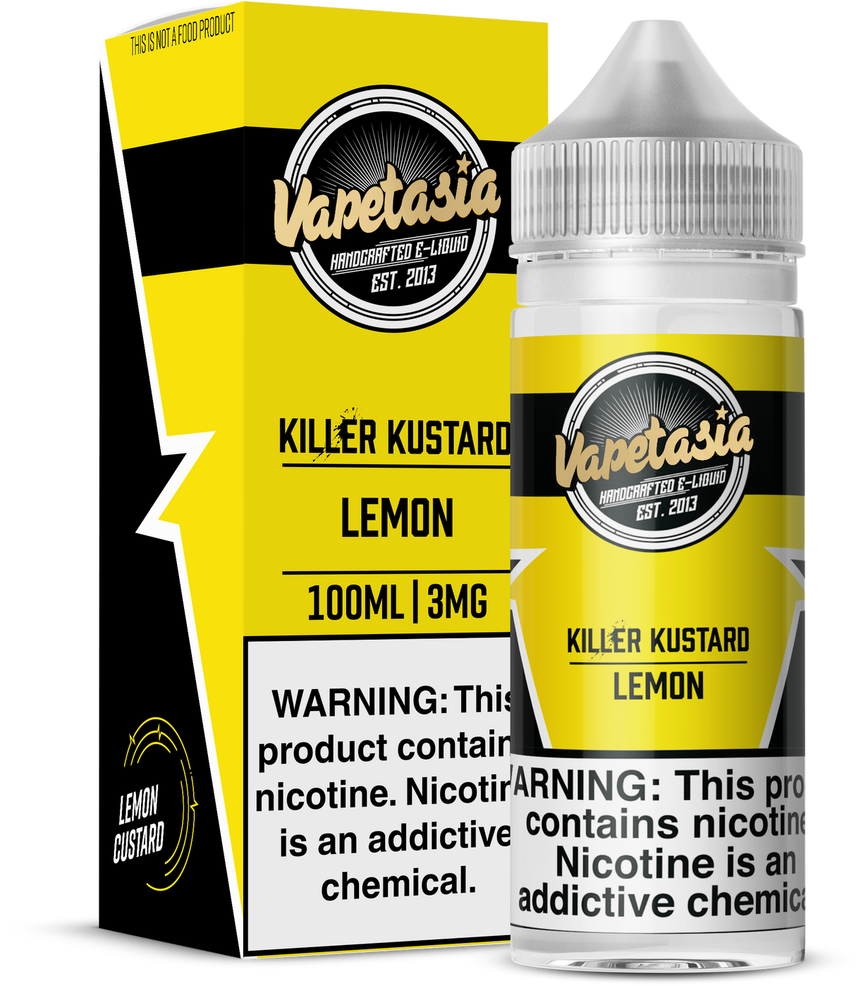VAPETASIA Killer Kustard Lemon 100ML e-liquid with creamy custard and fresh lemon flavor.