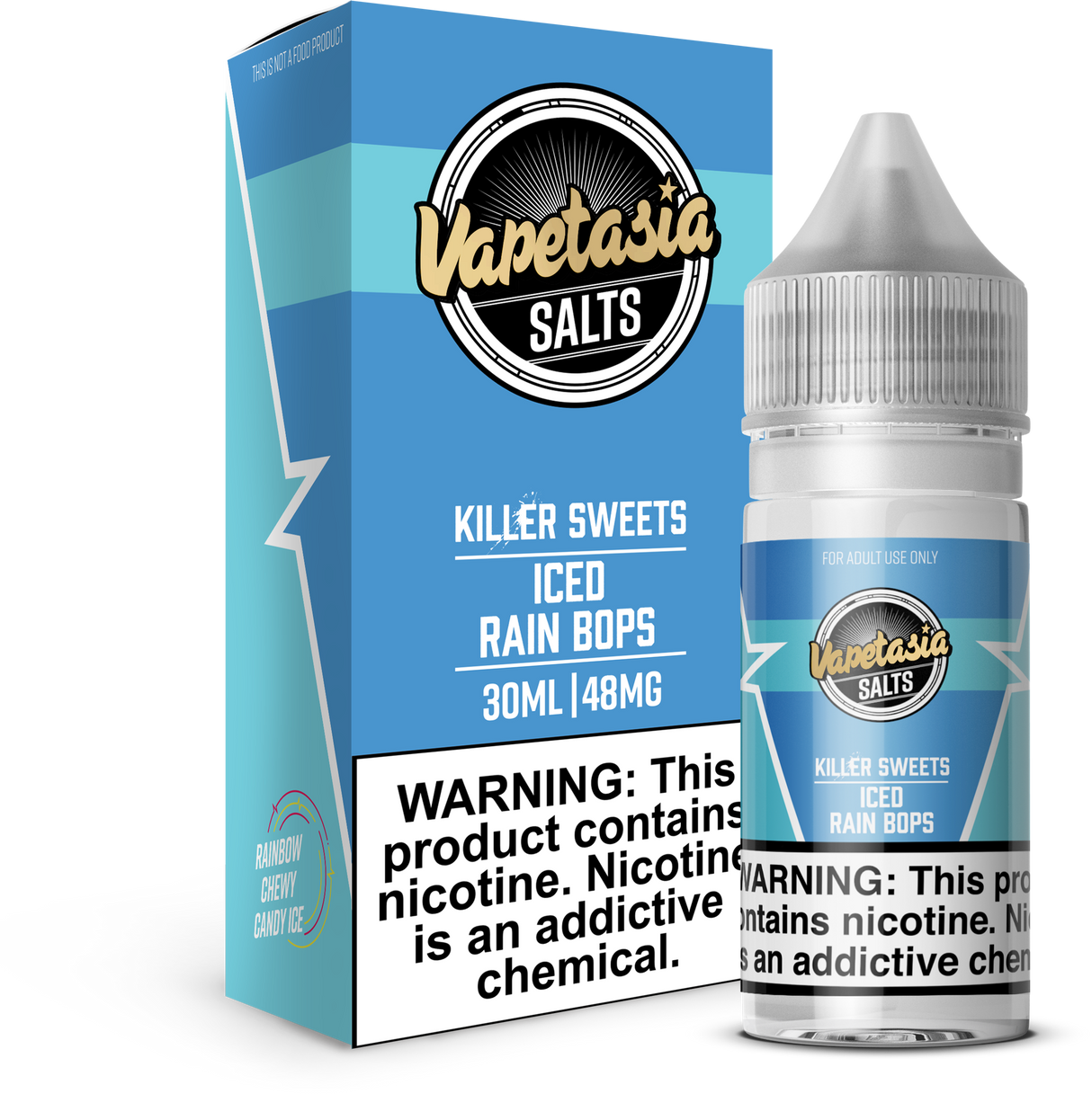 VAPETASIA SALTS Killer Sweets ICED Rain Bops 30ML nicotine salt e-liquid with rainbow candy and icy menthol flavor.