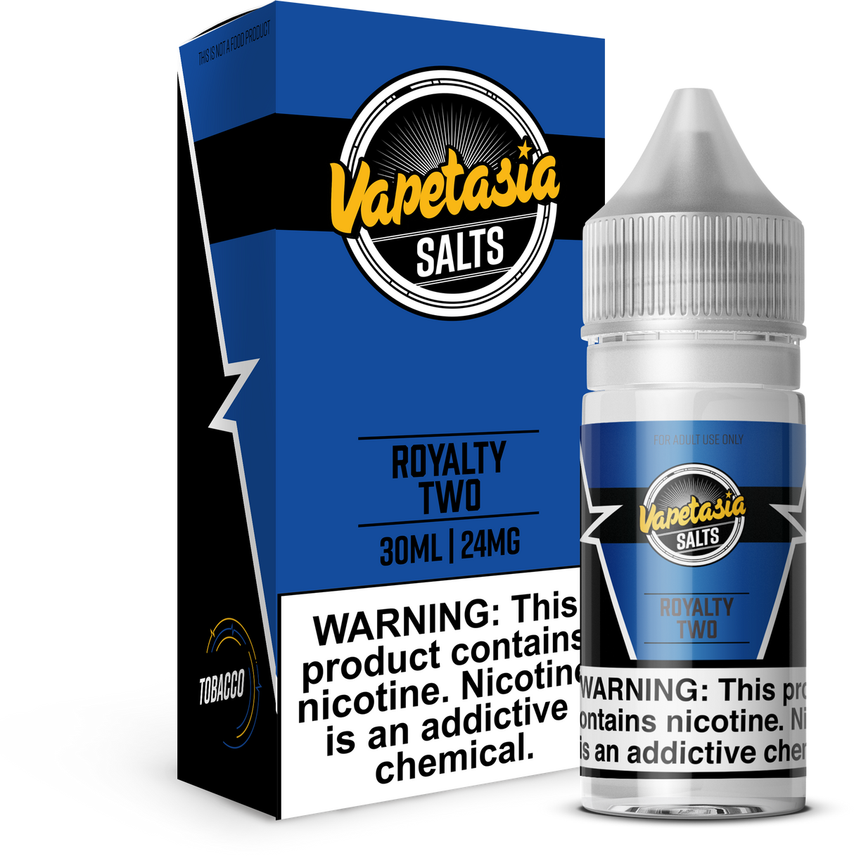 VAPETASIA SALTS Royalty Two 30ML nicotine salt e-liquid with custard, hazelnut, vanilla, and tobacco flavor.