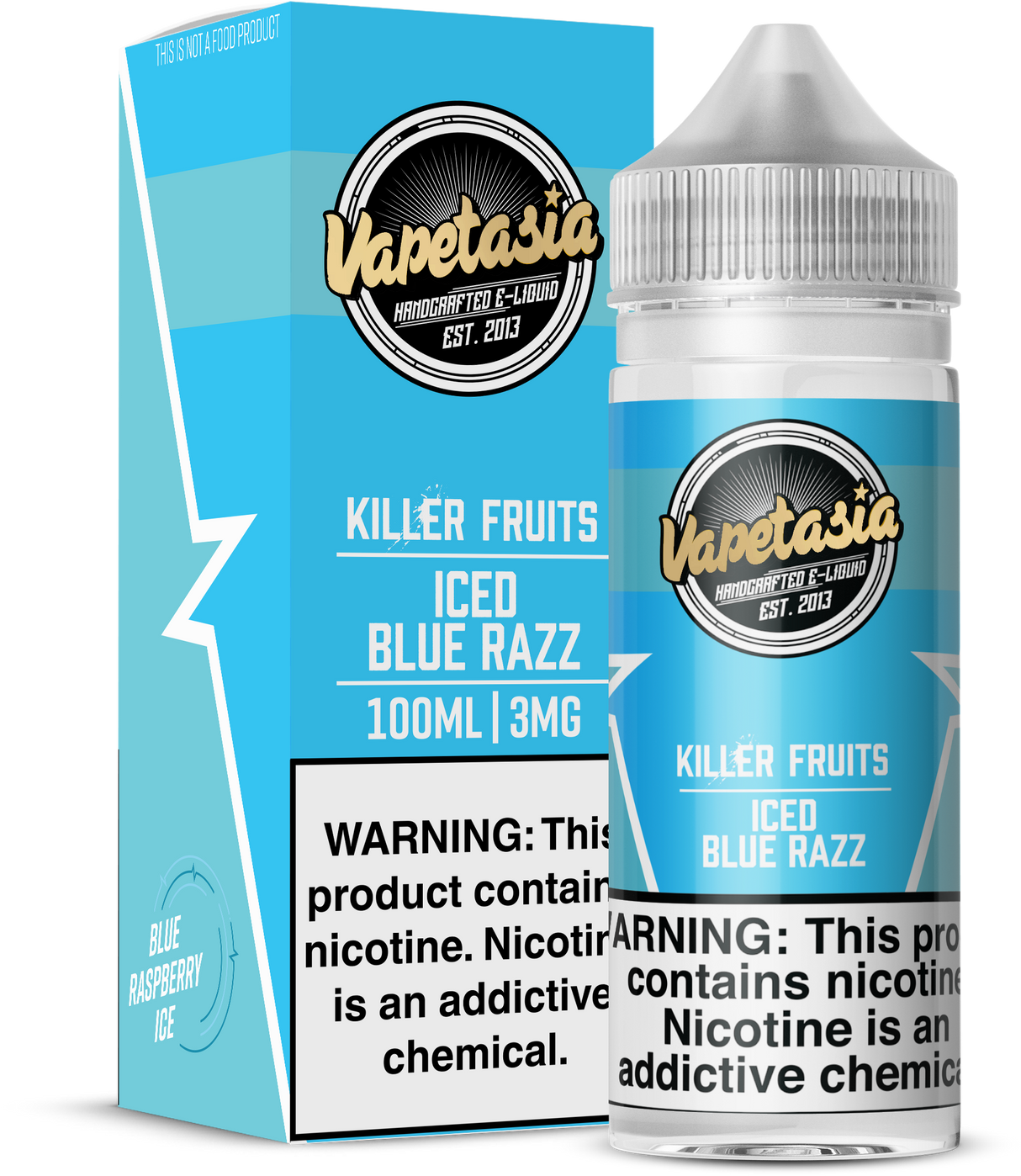 Vapetasia Killer Fruits ICED Blue Razz 100ML e-liquid with sweet blue raspberry and icy menthol flavor.