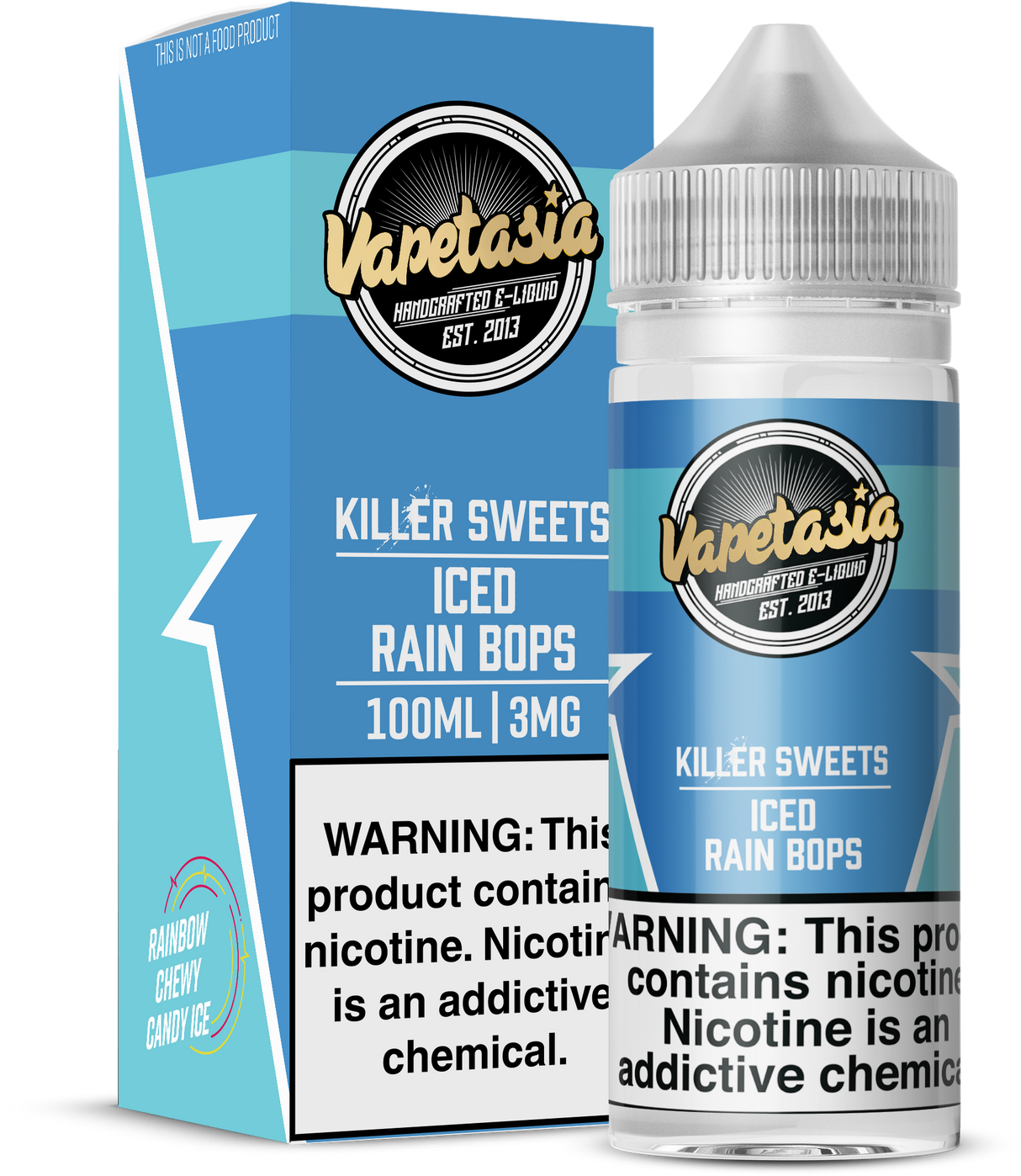 Vapetasia Killer Sweets ICED Rain Bops 100ML e-liquid with rainbow candy and icy menthol flavor profile.
