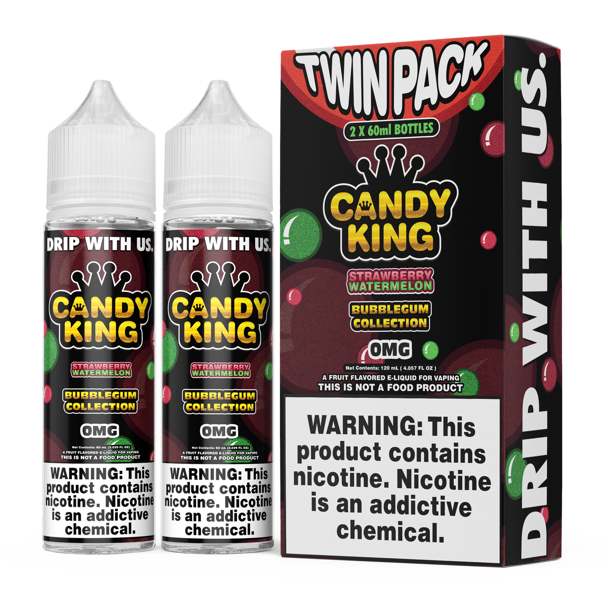 CANDY KING Bubblegum – Strawberry Watermelon 120ML Twin Pack – Strawberry & Watermelon Bubblegum Vape Juice