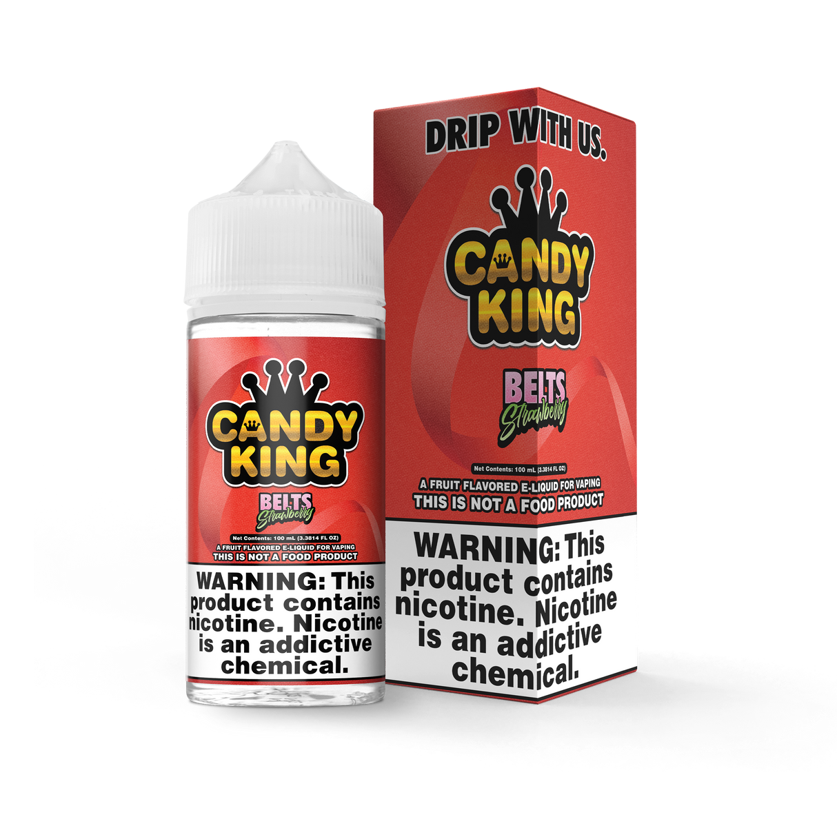 Candy King Belts Strawberry 100mL e-liquid bottle featuring a sour strawberry gummy candy flavor profile.