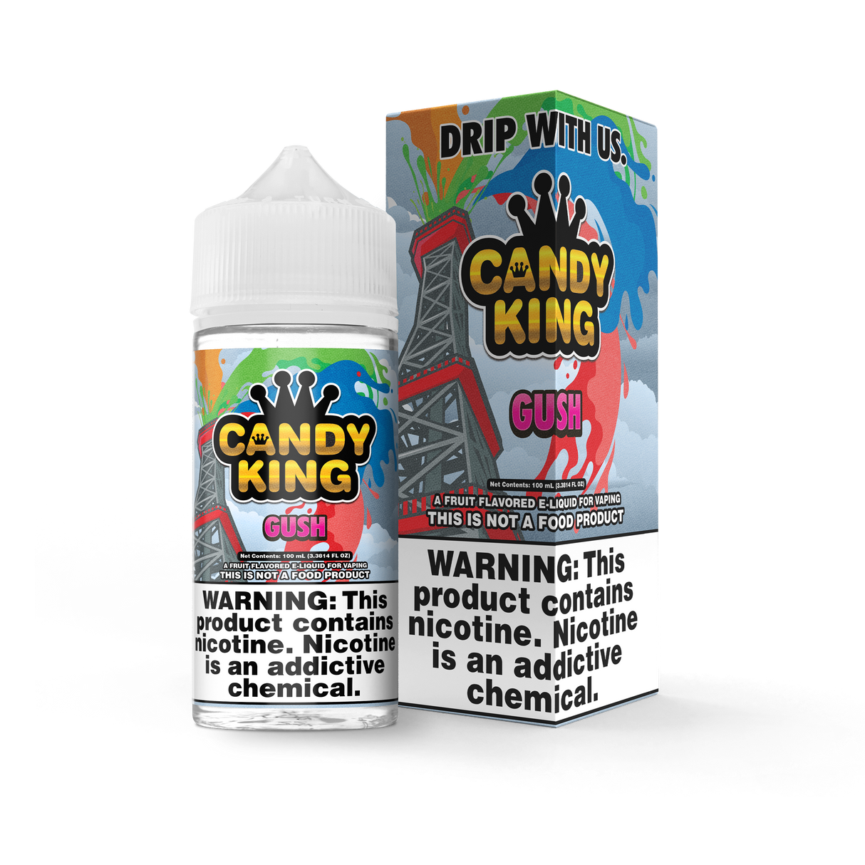 Candy King Gush 100mL e-liquid bottle featuring a vibrant blend of blueberry, raspberry, strawberry, green apple, and orange flavors.