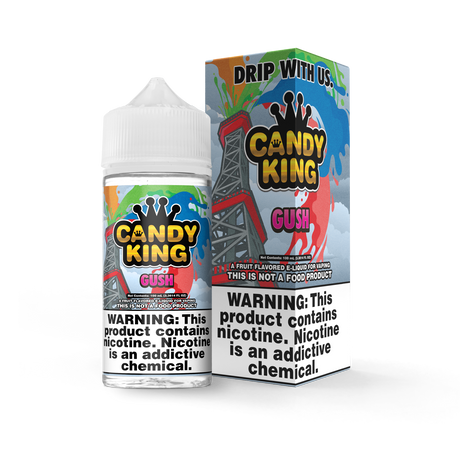 Candy King Gush 100mL e-liquid bottle featuring a vibrant blend of blueberry, raspberry, strawberry, green apple, and orange flavors.