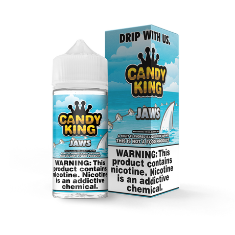 Candy King Jaws 100mL e-liquid bottle showcasing a sweet blueberry gummy and creamy vanilla flavor profile.