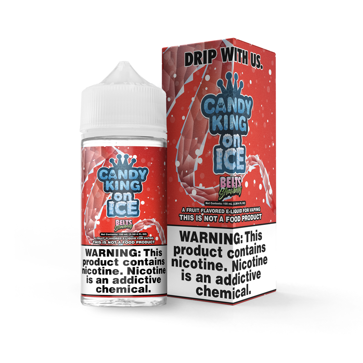 Candy King ON ICE - Strawberry Belts – 100mL e-liquid with strawberry candy, sour sugar, and menthol.